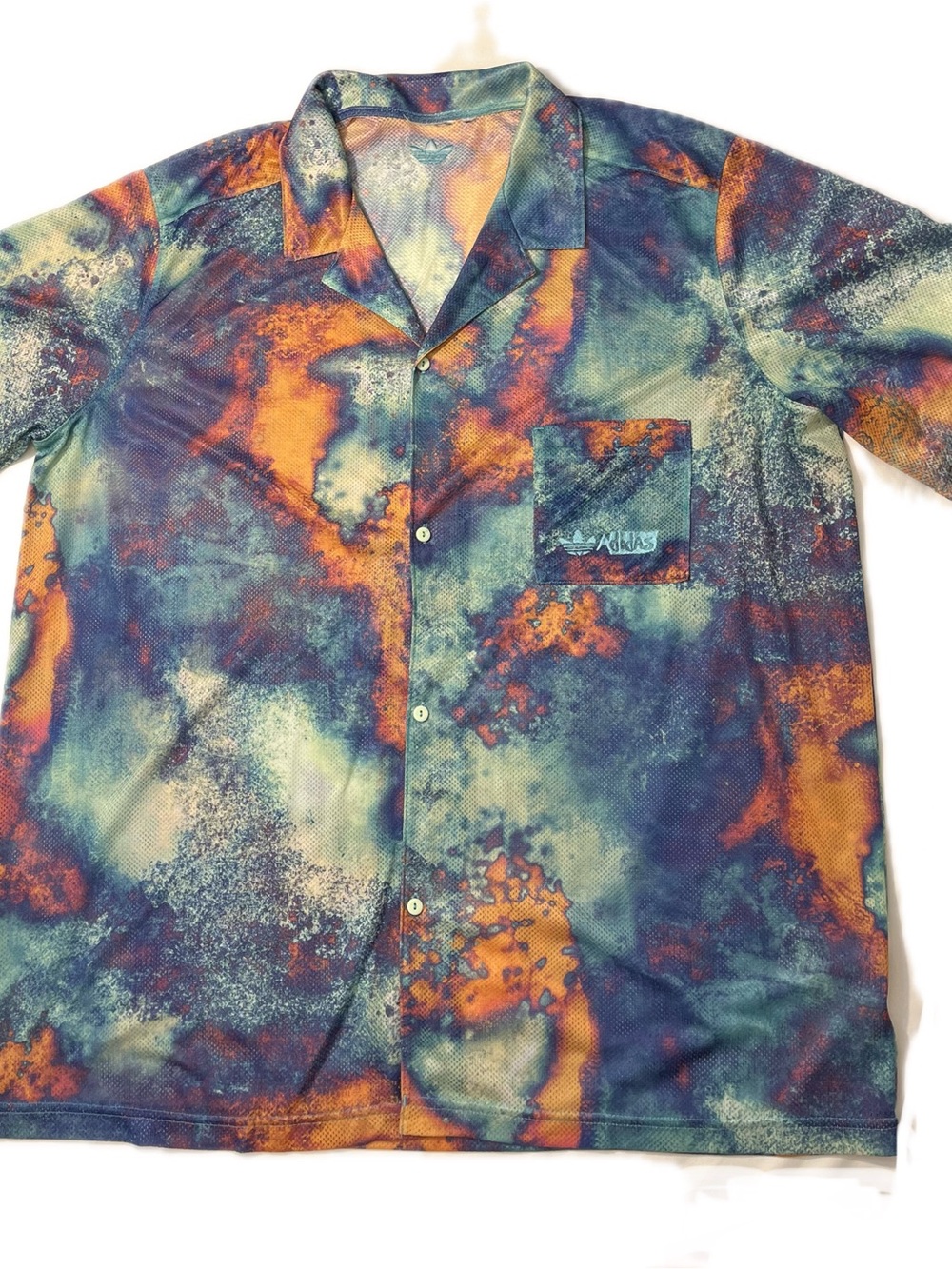 adidas Short-Sleeve Button mesh Shirt in Teal & Orange Print size XL